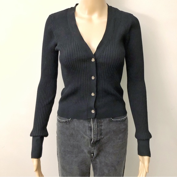 DYNAMITE Black Knitted Minimalist Basic V Neck Button Down Cardigan. Size Small - Picture 1 of 7